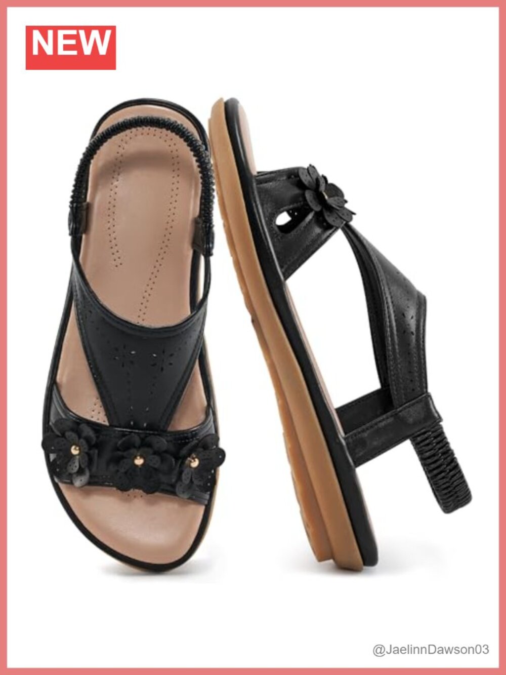Faux Leather Flat Sandals with Memory Foam Ankle Strap for Travel
